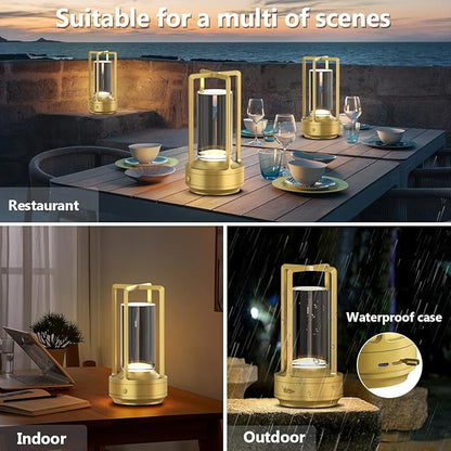 Cordless Portable Table Lamp Rechargeable for Indoor/Outdoor, 3000mAh Small Battery Powered Operated Lights, 3 Color Modes Dimmable Waterproof, LED Desk Lamp for Restaurant/Bedroom/Camping (Gold)