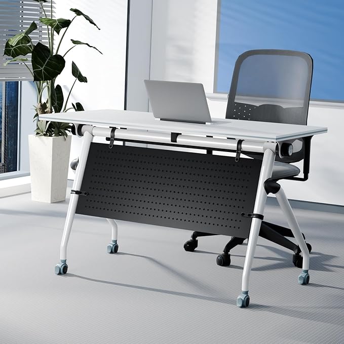 Folding Conference Table Mobile Conference Room Tables,55.1"Modern Office Meeting Table with Large Tabletop, Mobile Conference Training Table with Casters,Easy Assembly Rolling Business Seminar Tables