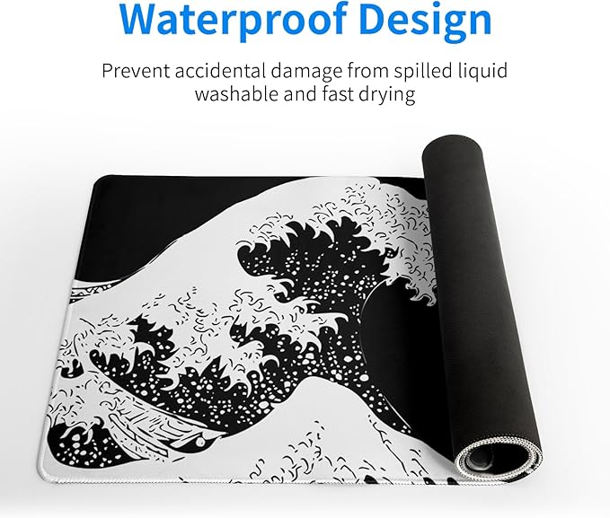 Japanese Sea Wave Large Mouse Pad, Abstract Black Gaming Mousepad, Extended Kanagawa Mat Desk Pad, 3mm Thick Long Non-Slip Rubber Base Mice Pad for Office and Home, 27.6x11.8 Inch