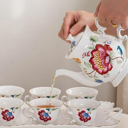 Jomop European Style Ceramic Flower Teapot Coffee Pot Water Pot Porcelain Gift Large 5.5 Cups (1, Blue and Red)