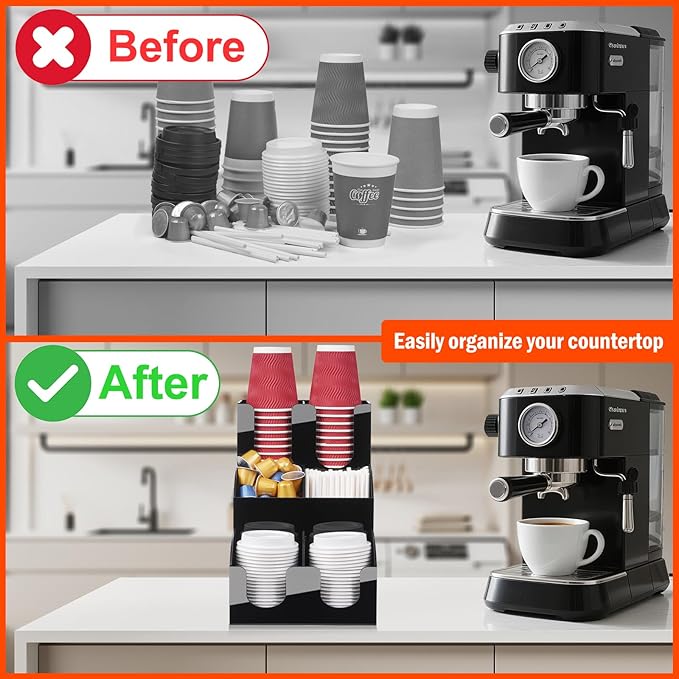 MYITYARD Coffee Station Organizer for Countertop, 3-Tier Coffee Bar Accessories, Acrylic Condiment and Cup Storage Organizer, 6 Compartments, Cup and Lid Holder for Pods, Syrup, Stirrer