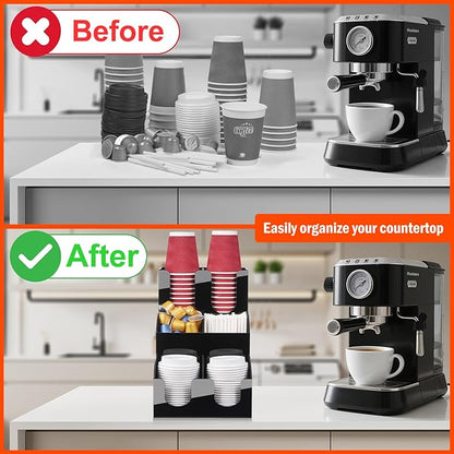 MYITYARD Coffee Station Organizer for Countertop, 3-Tier Coffee Bar Accessories, Acrylic Condiment and Cup Storage Organizer, 6 Compartments, Cup and Lid Holder for Pods, Syrup, Stirrer