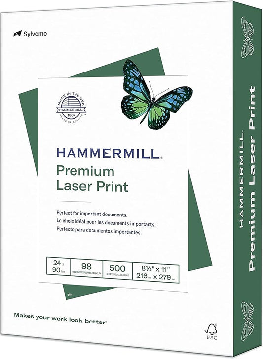 Hammermill Printer Paper, Premium Laser Print 24 lb, 8.5 x 11-1 Ream (500 Sheets) - 98 Bright, Made in the USA, 104604R