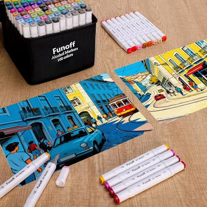 Funoff Alcohol Markers, 100 Colors Fine & Chisel Dual Tip Art Markers, Permanent Sketch Marker for Adult Coloring, Drawing, Sketching, Illustration