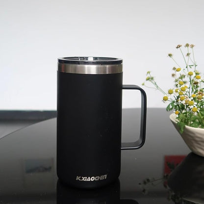 KXIAOCHEN 20oz Insulated Coffee Mug with Lid, Stainless Steel Coffee Cup, Double Wall Vacuum Coffee Tumbler with Handle, Premium Thermal Travel Coffee Mug (Black)