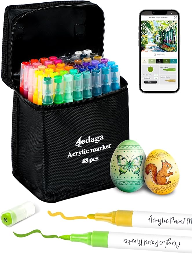 YHC 48 Colors Acrylic Paint Pens with Free App, Dual Tip Acrylic Paint Markers with Brush Tip and Fine Tip for Adults, Kids, Eggs, Wood, Rock, Canvas, Plastic, Stone, Glass, Ceramic