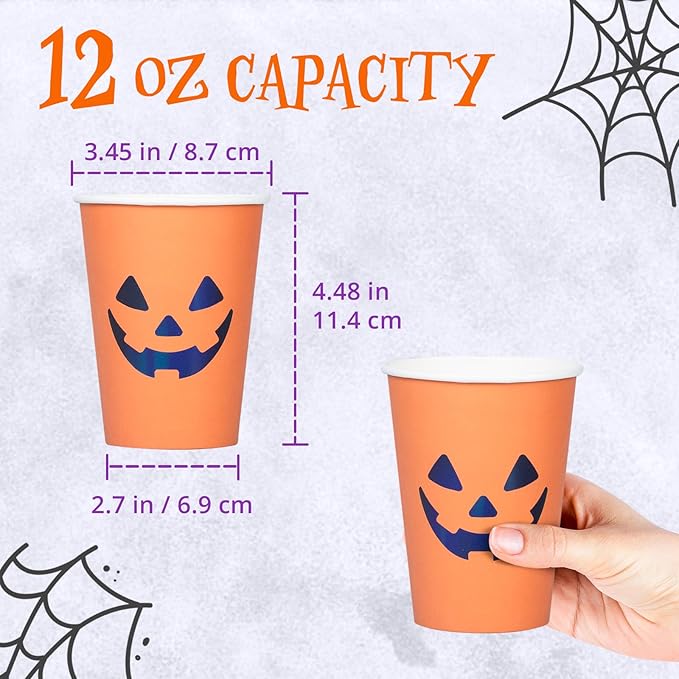 Halloween Disposable Paper Party Cups, Bulk 50 Pack, Leak-Resistant, 12 oz Hot and Cold Cups for Restaurants and Parties, Jack-O-Lantern, Black & Orange