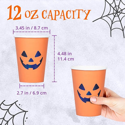 Halloween Disposable Paper Party Cups, Bulk 50 Pack, Leak-Resistant, 12 oz Hot and Cold Cups for Restaurants and Parties, Jack-O-Lantern, Black & Orange