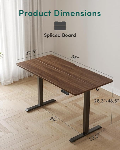 FEZIBO Standing Desk, 55×28 Inches Electric Height Adjustable, Sit Stand Up, Computer Office Desk with Splice Board, Black Frame/Black Walnut TOP
