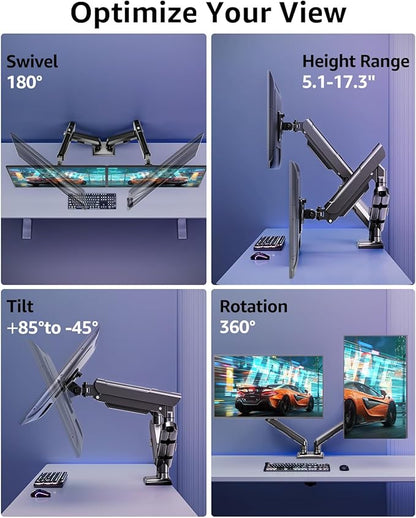 Dual Monitor Mount for 32 27 24 22inch Screens, Gas Spring Monitor Stand for 2 Monitor, Full Adjustable Monitors Desk Mount with C-Clamp＆Grommet Base, Each Arm Holds 4.4-22 lbs, Freelift Pro Black