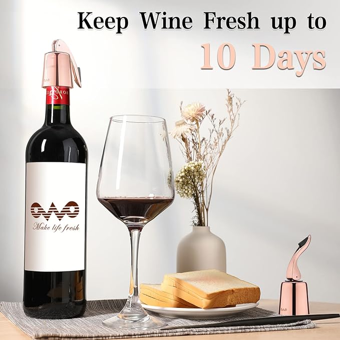 OWO Stainless Steel Wine Bottle Stopper, Reusable Wine Saver with Silicone Seal, Decorative Bottle Sealer, Keeps Fresh (Rosegold, 2 Pack)