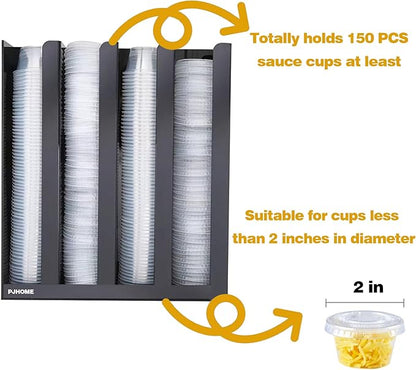 PJHOME Portion Sauce Cup Lid Organizer 4 Compartments Plastic Sauce Cup Holder for Counter Wall Mount Disposable Cup and Lid Storage Restaurant Supplies