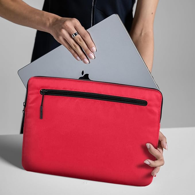 Incase Compact Laptop Sleeve with Flight Nylon - 16 Inch MacBook Pro and Laptop Case – Slim Computer Sleeve with Faux Fur Lining, Front Accessory Pocket with Zipper - Hibiscus Red