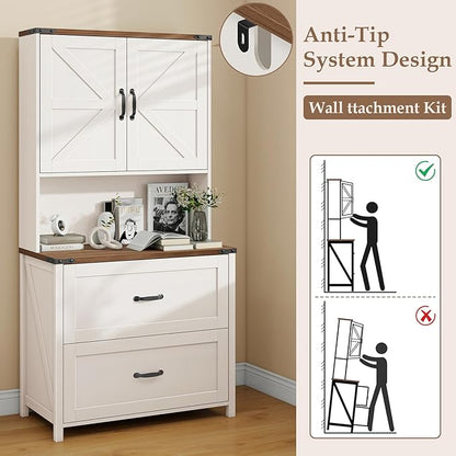 File Cabinet with 2 Drawer for Legal/Letter/A4 Size Hanging Files, Farmhouse Filing Cabinet with Adjustable Shelf, Large Wood File Cabinets for Home Office Printer Stand with Bookshelf, White
