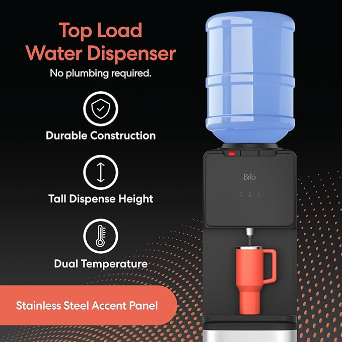 Brio CLTL130SS 130 Series Top-Load Water Cooler Dispenser for 3- and 5-Gallon Bottles, Hot & Cold, Spill-Free Loading, Child Safety Lock, Energy Star 3.0, Black & Stainless
