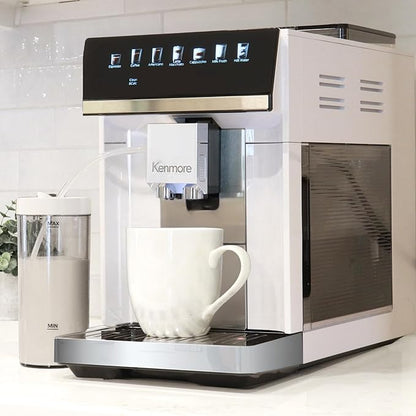Kenmore Fully Automatic Espresso Machine – Programmable Coffee Machine With Integrated Bean Grinder, Milk Steamer, Frother, Descaler, Barista Cappuccino, Latte, Americano Brewing System, White