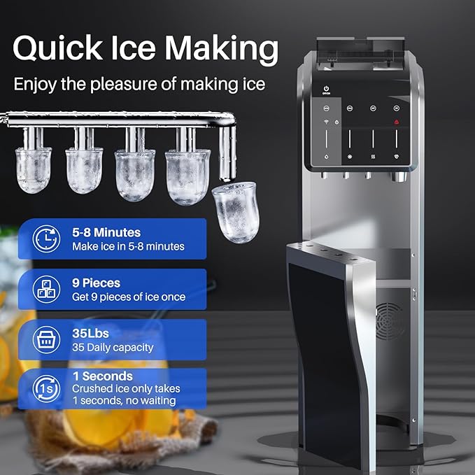 5-in-1 Water Cooler Dispenser with Ice Maker, Bullet and Crushed/Chewable Ice Machine, Hot and Cold Water, Bottom Load for 5 Gallon Bottle, 35lbs/24H, WiFi, Child Lock, Stainless Steel
