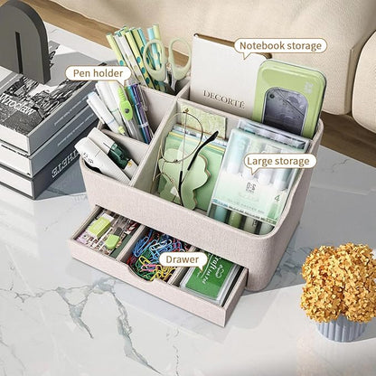 KINGFOM Desk Organizer with Drawer, Multifunction Pencil Holder for Desk, Desk Organizer and Accessories 5 Comparetments for Home Office Supplies (Beige)