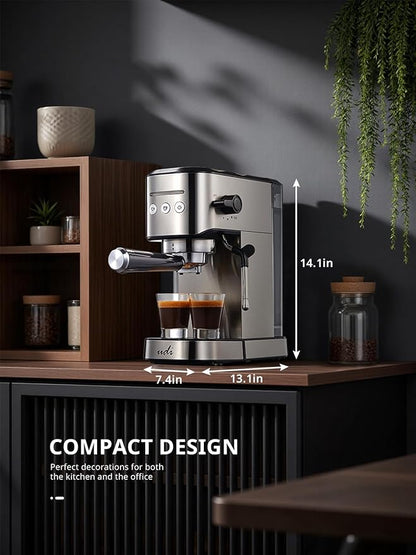 UDI Espresso Machine with Milk Frother, 20 Bar High Pressure Professional Espresso Maker Automatic, Compact Stainless Steel Coffee Machine for Cappuccino, Latte, Silver
