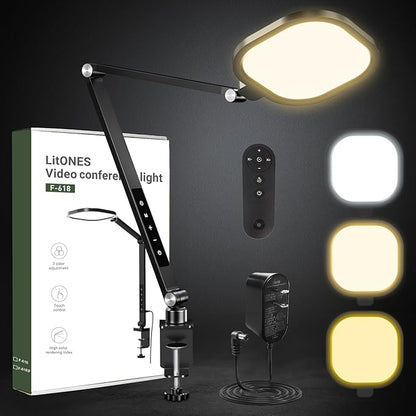 Video Conference Lighting for Computer, Dimmable Light for Video Recording, Meeting, Laptop & Webcam, 15W Ring Light for Desk with C- Clamp, Swing Arm, Remote, Memory & Timer CRI >95