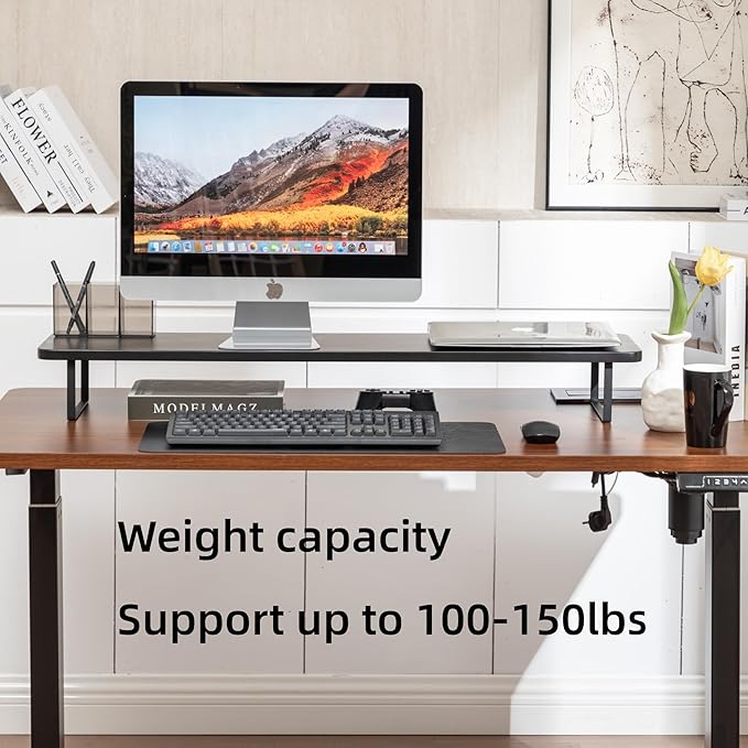 Dual Monitor Stand Riser,41.3'' Solid Bamboo&Steel Computer Monitor Riser, large monitor stand Suitable for 2 Monitors, Tvs, and Printers- (Black)