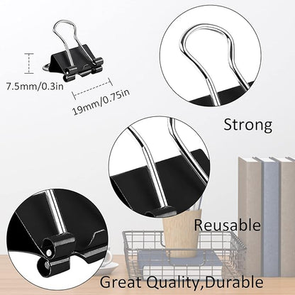 JANYUN Small Binder Clips, 150Pcs 19mm/0.75 Inch Small Paper Clamps Metal Clips for Office School Home Supplies (Black)