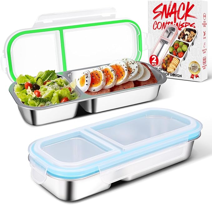 2 Pack Stainless Steel Snack Containers with Lids - Reusable 2 Compartment Snackle Box Container Divide Wet Dry Leakproof Metal Food Storage Containers for School, Home, Travel (Blue + Green)