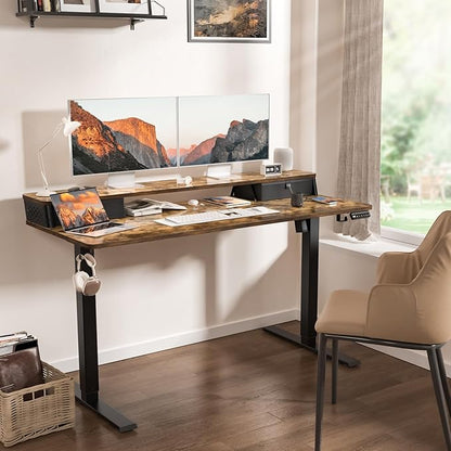 55 x 24 Inch Standing Desk with 2 Drawers, Easily Assembled Height Adjustable Desk, Ergonomic Sit to Stand Electric Desk for Home Office Workstation, Rustic Brown