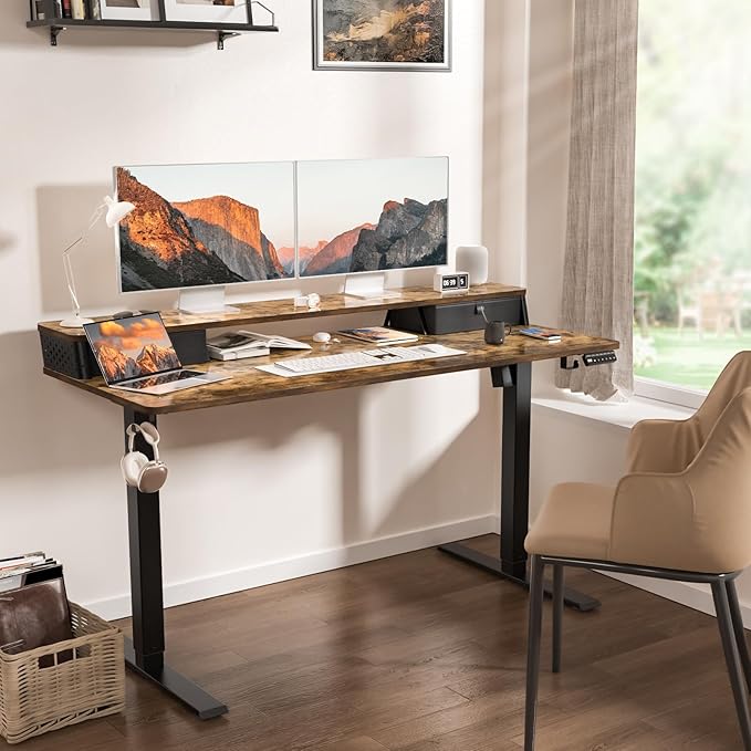 48 x 24 Inch Standing Desk with 2 Drawers, Easily Assembled Height Adjustable Desk, Ergonomic Sit to Stand Electric Desk for Home Office Workstation, Rustic Brown
