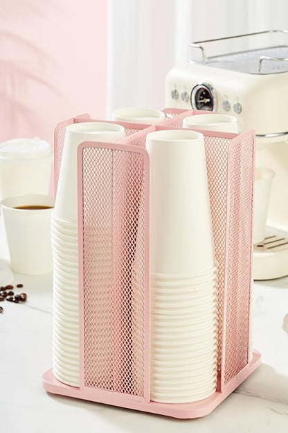 Annova Paper/Plastic Cup and Lid Holder Plastic Storage Organizer, 360°Rotating Coffee Mup Dispenser with 4 Compartments, Multifunctional Storage Rack for Home, Office, Bar, Coffee Shop (Light PInk)