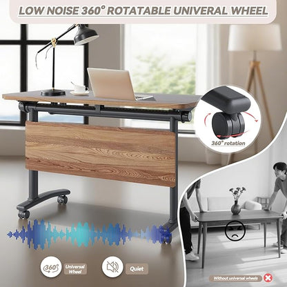 Conference Table, Foldable Conference Room Tables with Silent Wheels, Folding Modular Seminar Meeting Tables, Modern Rectangle Training Table for Office, Boardroom (2, Wood, 55.1)