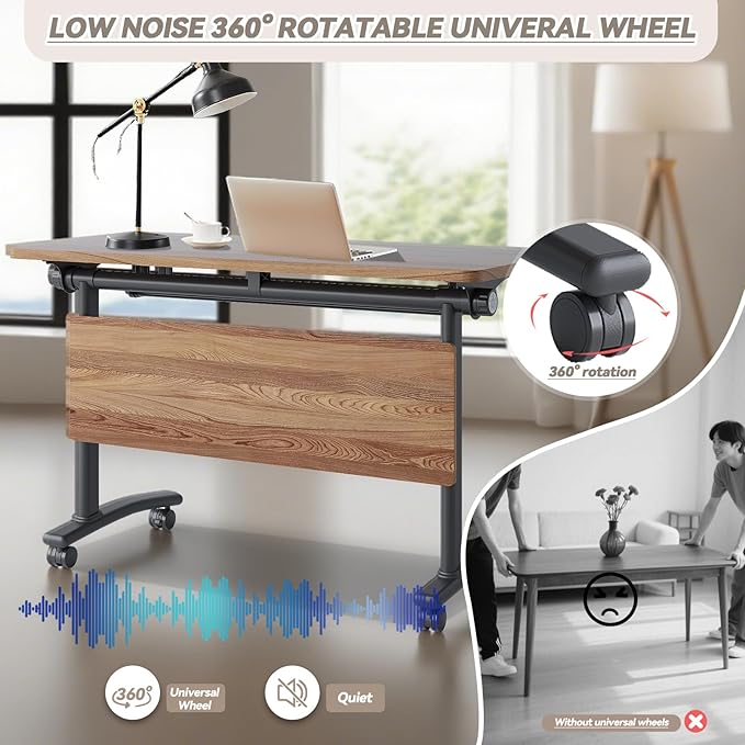 Conference Table, Foldable Conference Room Tables with Silent Wheels, Folding Modular Seminar Meeting Tables, Modern Rectangle Training Table for Office, Boardroom (6, Wood, 55.1)