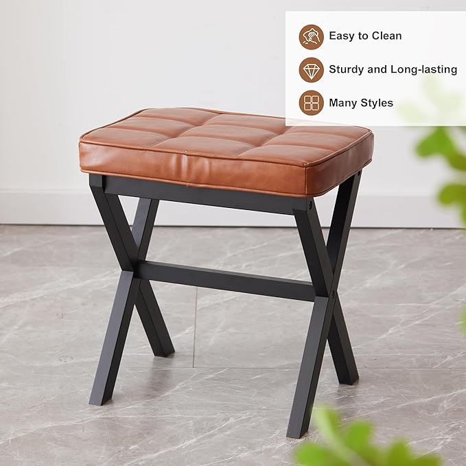 FILWH Foot Stool Small Ottoman - Padded Desk Foot Rest for Under Office Desk, Vanity, Sofa - Bamboo Footstool Shoe Stool (Black Legs + Reddish Brown)