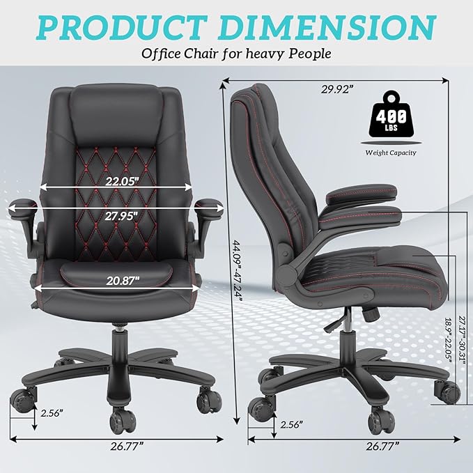 GYI High Back Executive Office Chair, Big and Tall Office Desk Chair 400LBS with Lumbar Support, Flip-up Armrests, Rubber Wheels, Black
