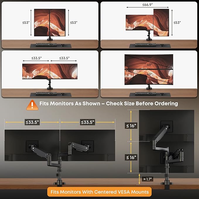 PUTORSEN 17-49 inch Premium Aluminum Heavy Duty Dual Monitor Arm for Ultrawide Screens up to 44lbs, Vertical Stacked Dual Monitor Desk Mount, Full Motion Dual Vertical Monitor Mount, VESA 75/100,Black