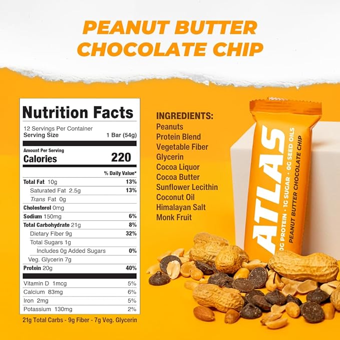 Atlas Bar – 20g Protein, 1g Sugar, 0g Seed Oils, 0g Artificial Sweeteners (Peanut Butter Chocolate Chip, 36 Count)