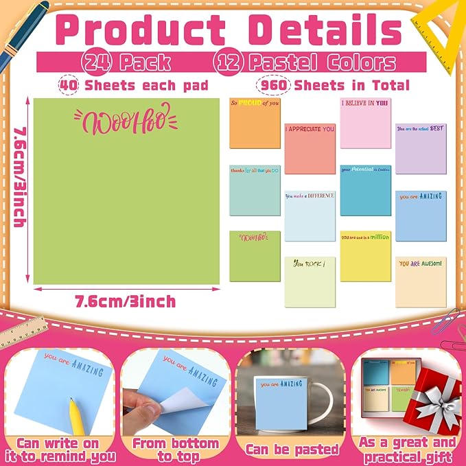 Yinder 12 Pcs Employee Appreciation Sticky Notes Xmas Gift Bulk Motivation Note Pads Mini Inspirational Note Gift for Teacher Nurse Staff Coworker Office Supply 3 x 3'' (Appreciation,Simple Color)