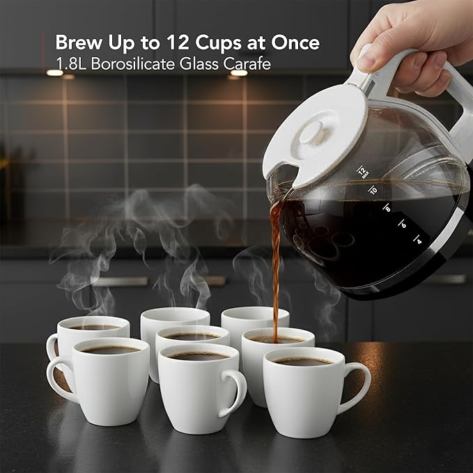 OVENTE 12-Cup Drip Coffee Maker with Borosilicate Glass Carafe, One-Touch Operation Machine, Anti-Drip System, Reusable Filter and Clear View Water Gauge, Ideal for Home or Office, Light Teal CM412LBL