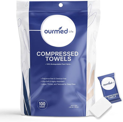 Ourmed Life Compressed Towel Tablets, Individually Wrapped Disposable Face Towels, Quick-Expand with Water, Soft & Lint-Free, 12"x10" Travel Washcloths for Camping,Hiking & Backpacking (100 Count)