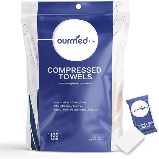 Ourmed Life Compressed Towel Tablets, Individually Wrapped Disposable Face Towels, Quick-Expand with Water, Soft & Lint-Free, 12"x10" Travel Washcloths for Camping,Hiking & Backpacking (100 Count)