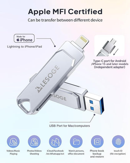 MFi Certified Flash Drive 256GB for iPhone USB Memory Stick, USB Stick High Speed Thumb Drives Photo Stick External Storage for iPhone/iPad/Android/PC