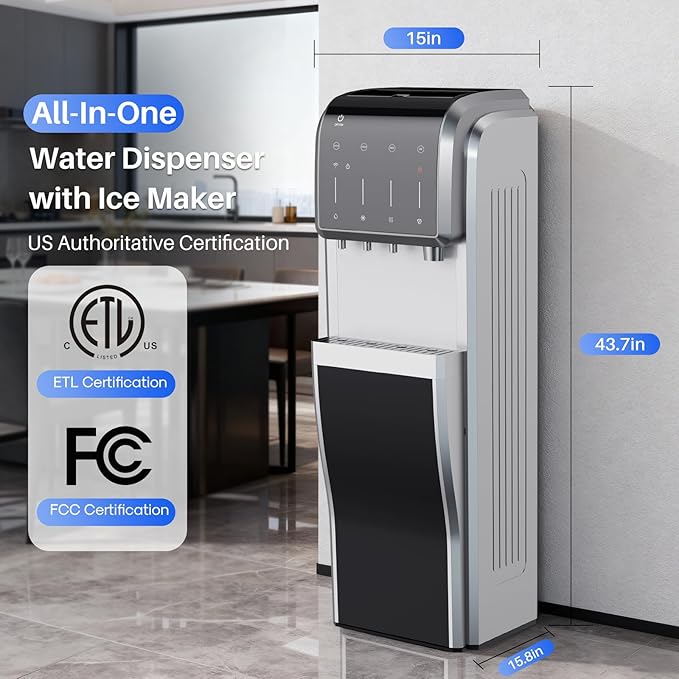 5-in-1 Water Cooler Dispenser with Ice Maker, Bullet and Crushed/Chewable Ice Machine, Hot and Cold Water, Bottom Load for 5 Gallon Bottle, 35lbs/24H, WiFi, Child Lock, Stainless Steel
