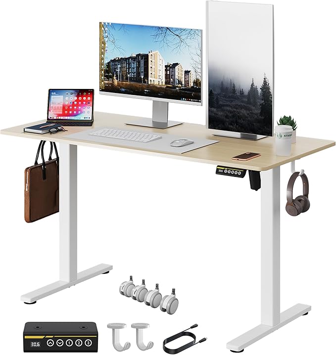 Electric Standing Desk 48"x24" Adjustable Height Stand Up Desk with Lockable Wheels Ergonomic Sit Stand Desk for for Work Office Home Computer Workstation (Nature)