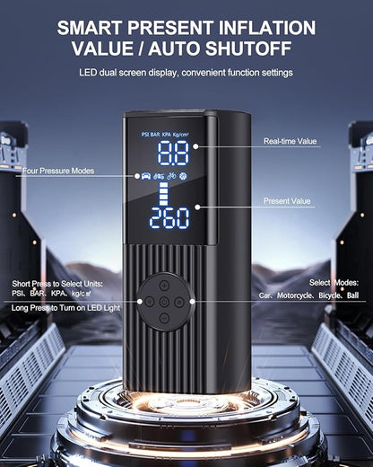 Tire Inflator Portable Air Compressor, 180PSI Cordless Air Pump with Digital Gauge, LED Light and Auto Shut-Off Function, 3X Faster Air Compressor for Car, Motorcycle, Bicycle, Ball