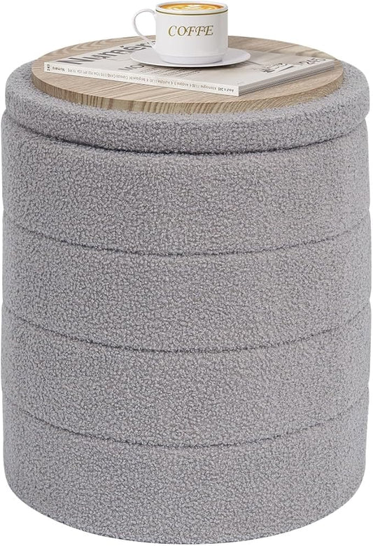 PINPLUS Round Storage Ottoman Foot Rest Stool with Tray Velvet Sherpa Folding Storage Ottoman,Boucle Foot Rest for Living Room, Bedroom, Dorm（Grey）