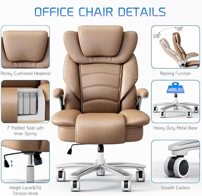 GYI Big and Tall Office Chair 400lb Wide Seat, Ergonomic High Back Leather Executive Desk Chair with Flip-up Arms, Brown