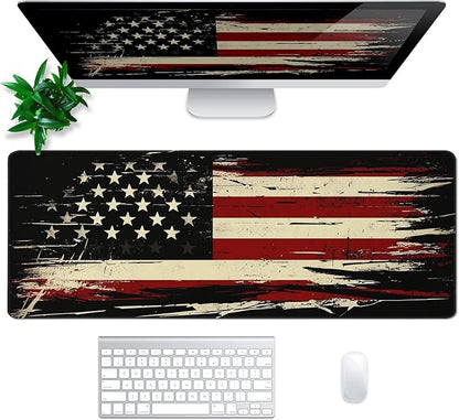 American Antique Flag Mouse Pad Abstract AmericanMouse Pad 31.5x11.8 Inch Flag Texture Non-Slip Rubber Base Large Mousepad Stitched Edges Keyboard Mouse Mat Desk Pad for Office and Home
