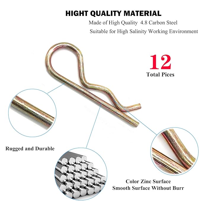 12 Pcs Heavy Duty Hitch Pins Clip R Clips Spring Retaining Wire Hair Pins Cotter Pin Strong Spring Tension Large Carter Pin R clip large for trailer Tractor Mower Carts Truck Color-Zinc M3x60mm