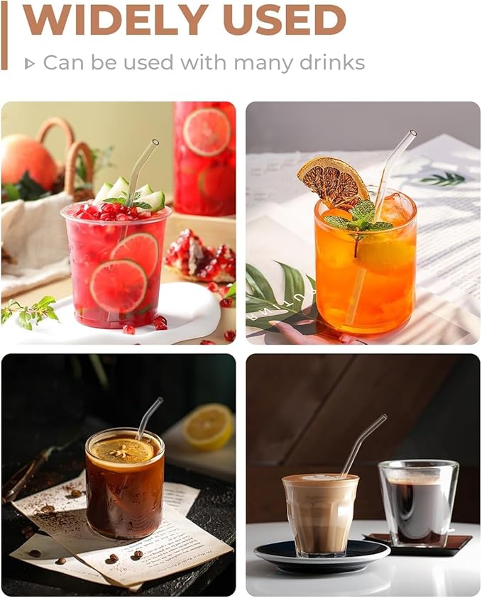 Foogwee® 20 Packs Reusable Glass Straws Set, 10'' x 10mm Clear Drinking Straws for Smoothies, Shakes, Coffee, Juice, Sodas, Milk, Tea, Cocktails, Set of 8 Straight and 8 Bent with 4 Cleaning Brushes