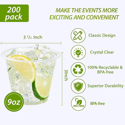 Lilymicky 200 Pack 9 oz Clear Plastic Cups, 9 Ounce Disposable Plastic Drinking Cups, Crystal Clear, for Parties, Ceremonies, Events